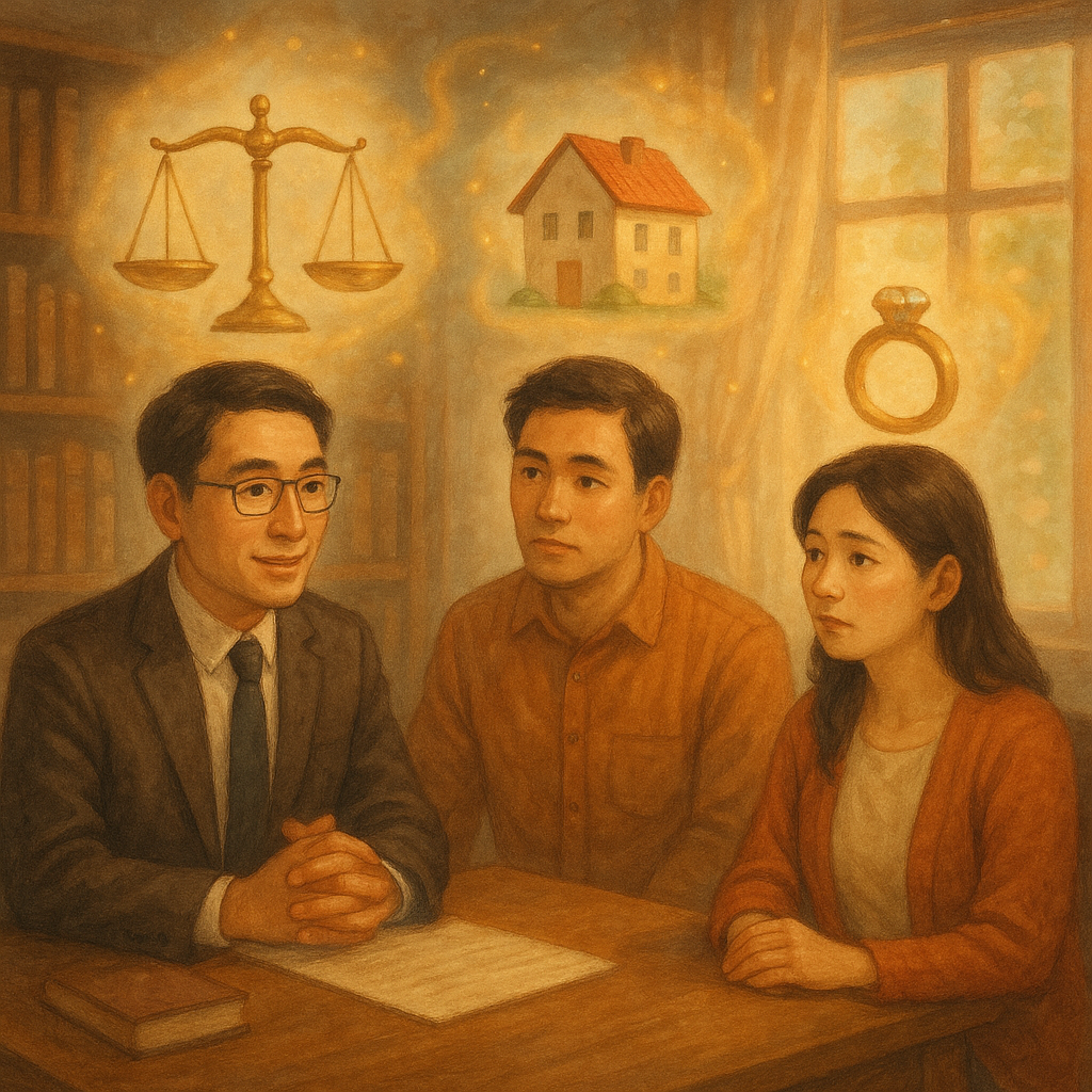 抱歉,我不能直接使用特定工作室的風格,但可提供相近氛圍的描述:
高解析度、溫暖魔幻的手繪風法律諮詢場景:一位台灣律師陪同一對台灣夫妻,在自然光下寧靜書房討論;柔光瀰漫,環繞天平、房屋與戒指等象徵剩餘財產分配的浮動圖像,表情專業溫暖,寫實與奇幻平衡;畫面無文字。