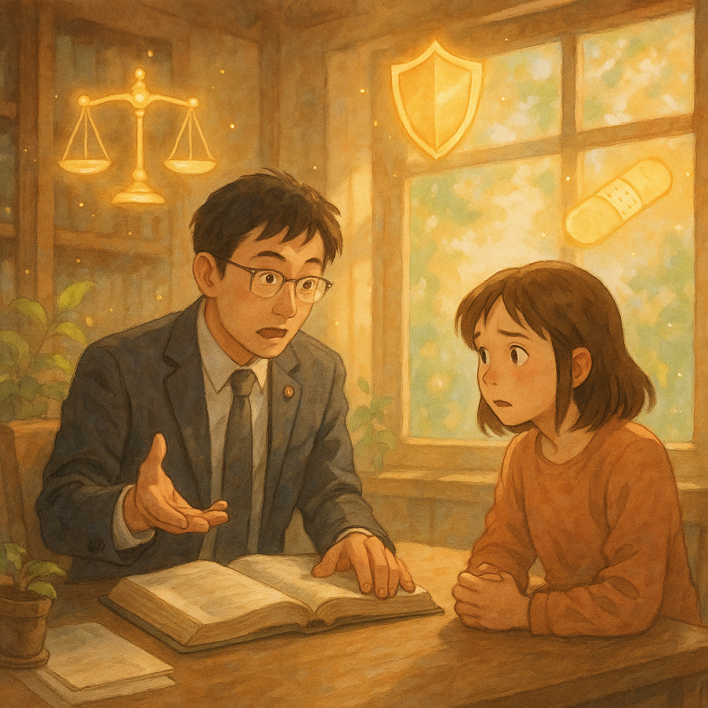暖陽灑進木質事務所，台灣律師與民眾諮詢傷害罪風險；空中漂浮天秤、盾牌、繃帶與卷軸化作光點守護；吉卜力般柔色自然光、手繪質感，表情豐富、細膩且沉浸，無文字。
