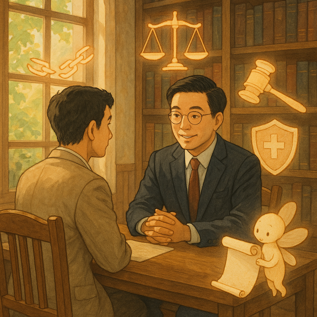 高解析度吉卜力風暖色場景：台灣律師與當事人在木質書屋對談，神情專業溫和，窗外柔光灑入。身旁漂浮手繪圖示—斷裂鎖鏈、天秤、法槌與護盾—象徵強制罪與保障。溫柔小精靈提著空白卷軸，無文字，細緻手繪質感。