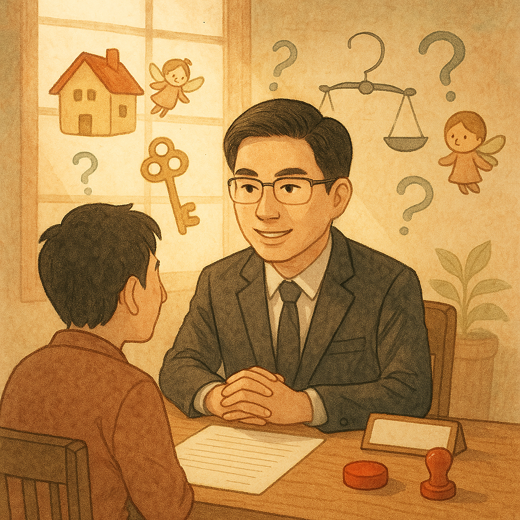 自然光透過紙窗灑入木質事務所,一位台灣律師與當事人對坐,桌上攤開無字契約、空白名牌與紅色印章。周圍漂浮小精靈化的房屋、鑰匙與天平圖像,象徵借名登記與常見疑問,色調柔和、手繪質感、溫暖魔幻。