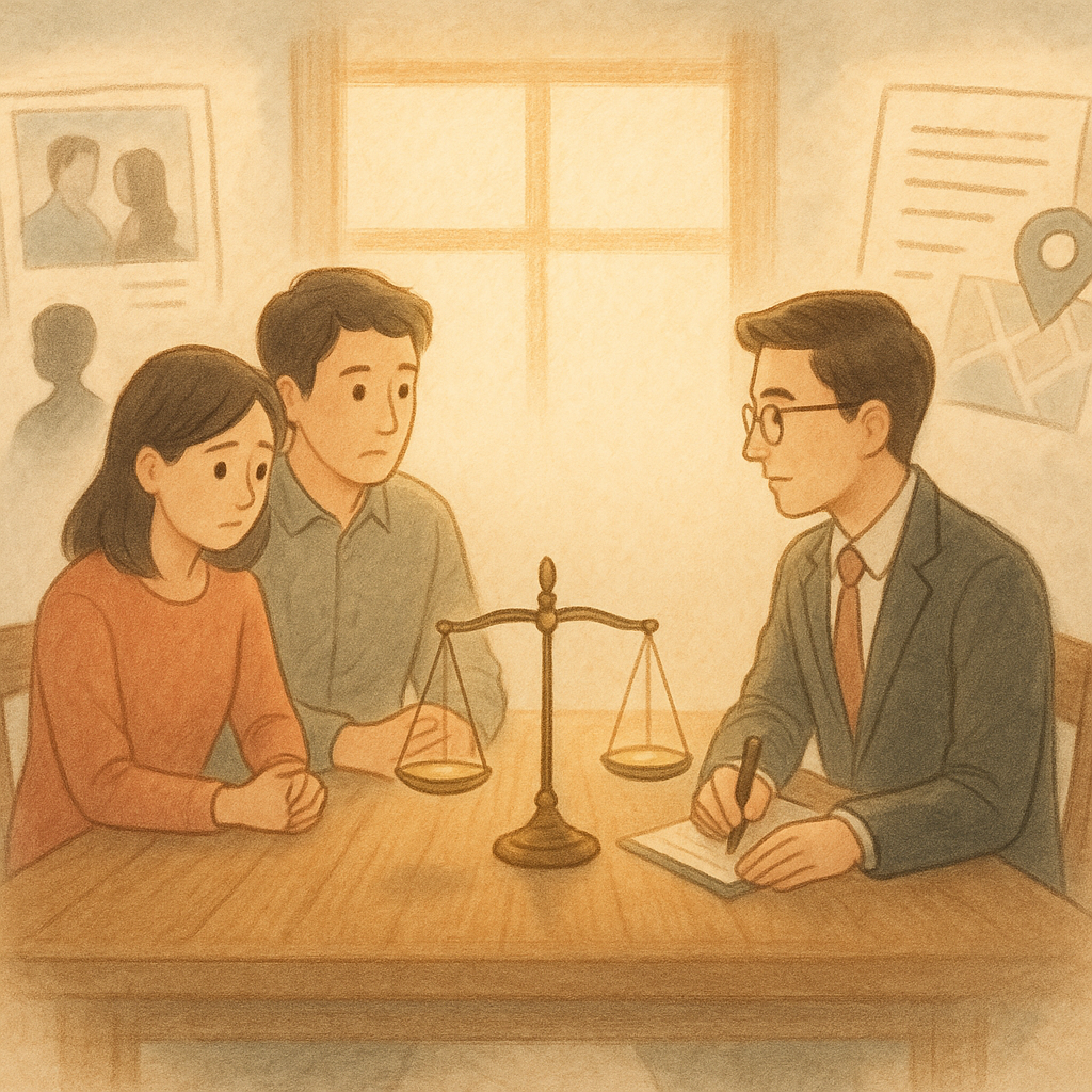 溫柔晨光與柔和色調下，台灣夫妻與律師於木桌諮商；桌面兩側漂浮手繪童話質感的證據圖像：一邊是模糊相片與影子剪影，另一邊是通聯紀錄與定位圖示，天秤微亮，牽引情感與策略抉擇。