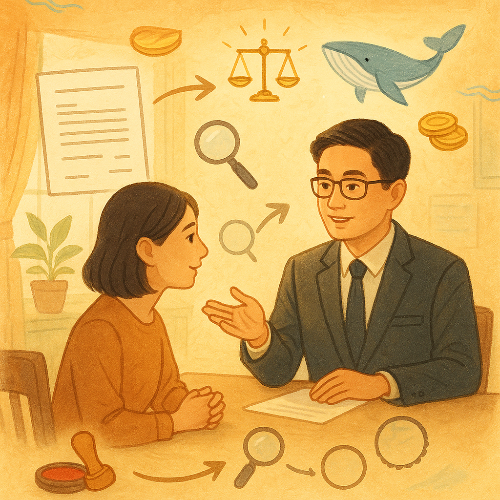 陽光灑落的事務所內,台灣律師與客戶對談;空白票據、印章與印泥、戳記圖樣環繞,紙張化作箭頭與流程圖標,小天平符號閃亮,金幣與鯨魚紙風箏輕飄,引導準備文件與審核步驟,柔和色彩與手繪質感,溫暖奇幻、電影感。