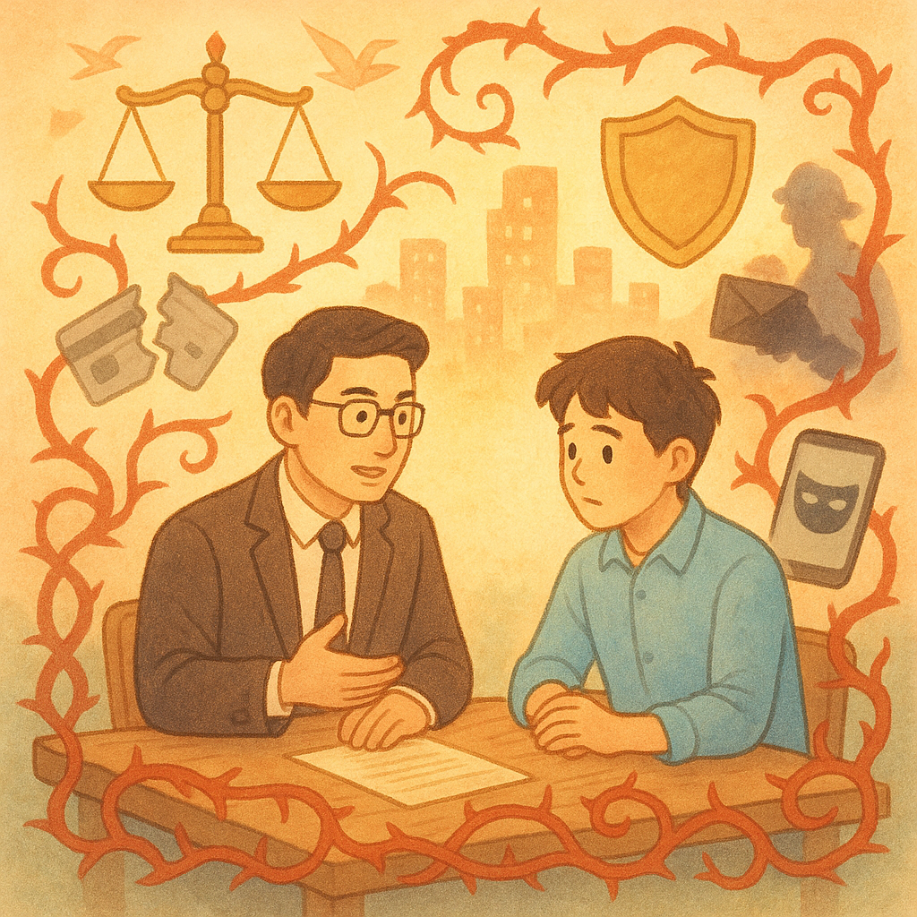 抱歉,我無法直接模仿特定工作室的畫風;我可以提供相近的溫暖手繪動畫感與柔和色調描述。
柔光下,台灣律師與民眾於木桌諮詢,周圍漂浮象徵:天秤、盾牌、破碎卡片與偽裝手機、陰影車手握信封,紅線化作陷阱藤蔓;遠處暖色城市與紙鶴點綴,手繪質感、童趣奇幻,無字。