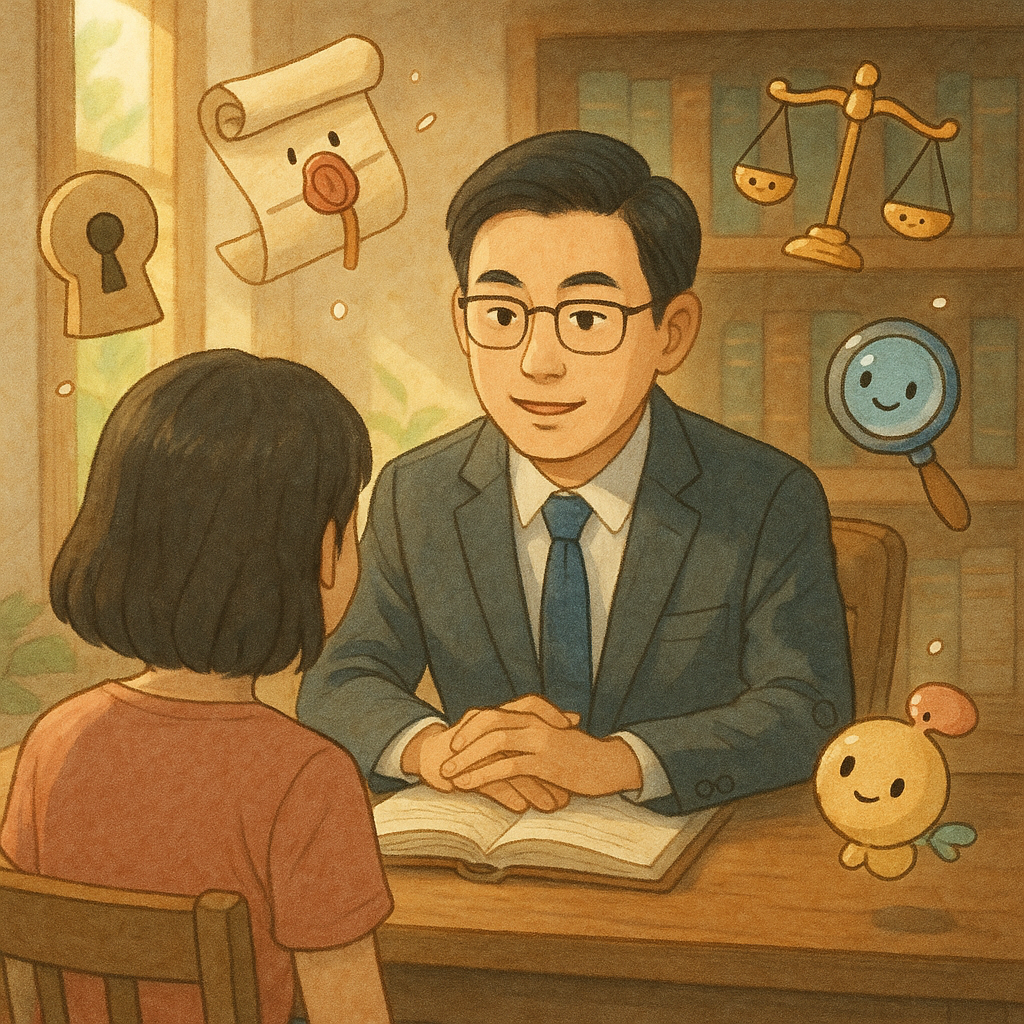 柔和高解析手繪動畫風,台灣人律師與民眾在木質事務所對談,陽光灑入。周圍漂浮鎖孔、封蠟卷宗、天秤與放大鏡化作小精靈,象徵洩密罪疑慮與法律諮詢,氛圍溫暖奇幻,無文字。