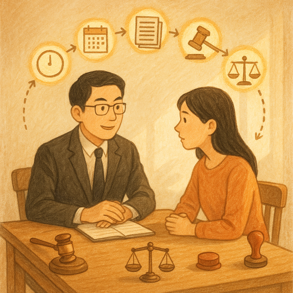 溫暖手繪風中,台灣律師與民眾在木桌諮詢;七枚發光步驟漂浮成弧,時間軸、日曆與卷宗清單、法槌、天秤和印章環繞,象徵執行事件訴訟流程;自然光灑落,細膩質感,畫面無文字。