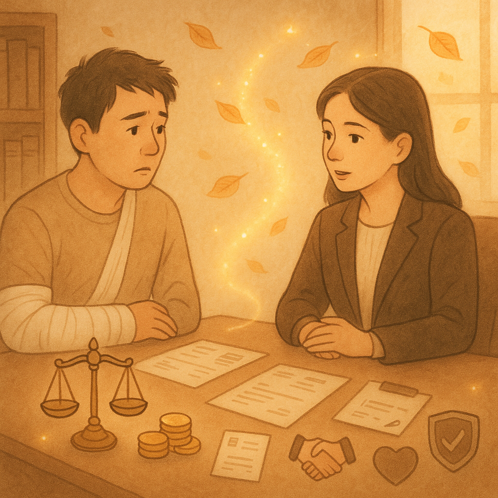 柔光下的手繪事務所裡，台灣人律師與手臂纏繃帶的當事人細語諮商；桌上擺有天平與金幣、醫療單與收據、握手與盾牌圖示、勾選清單符號，微光與落葉化作指引的光路，氛圍溫暖奇幻、無文字。