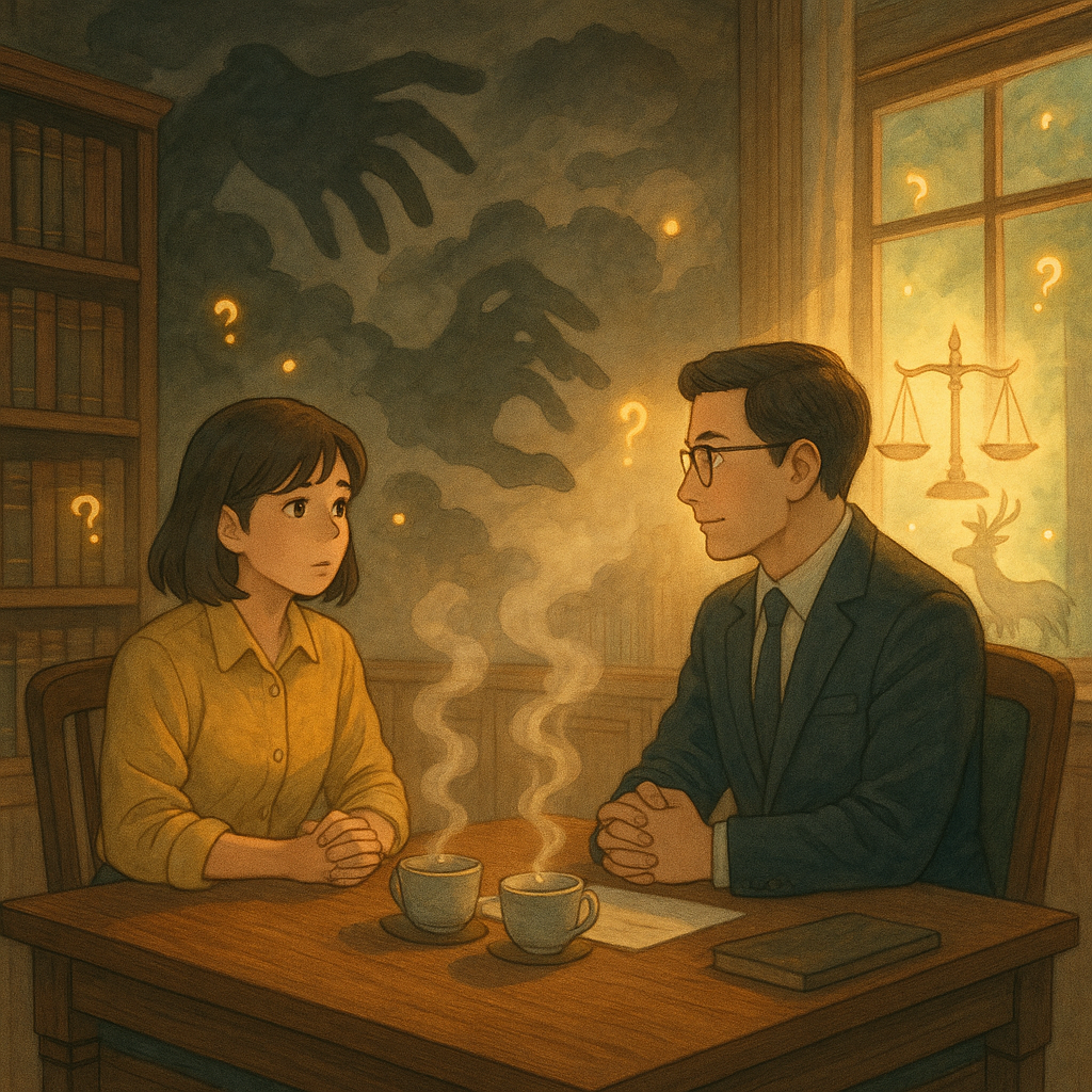 吉卜力風格高畫質插畫：溫柔自然光下，台灣上班族與律師在木質書房對坐，桌上茶湯氤氳。背後辦公場景化為陰影之手與雲霧，象徵職場精神虐待；窗邊微光化作天秤與守護鹿靈，引導諮詢。周圍漂浮光點象徵疑問。無文字。