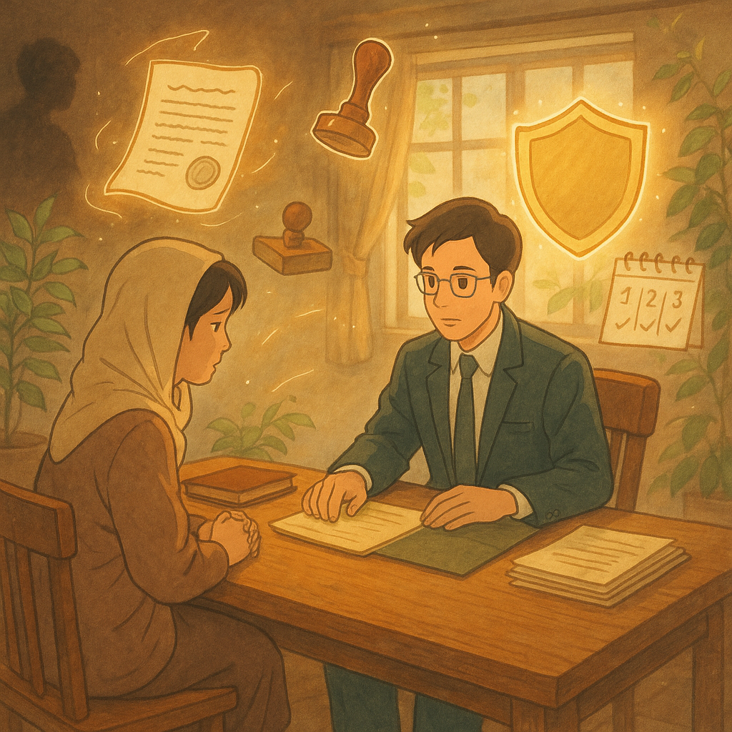 高解析度吉卜力風溫暖律所：台灣受暴者與台灣律師在木質桌前諮詢，柔和色調與自然光，現實與奇幻並存。周圍漂浮手繪卷宗、印章、日曆步驟與守護盾光，隱約暗影象徵家暴；綠植微風添療癒，畫面不含文字。