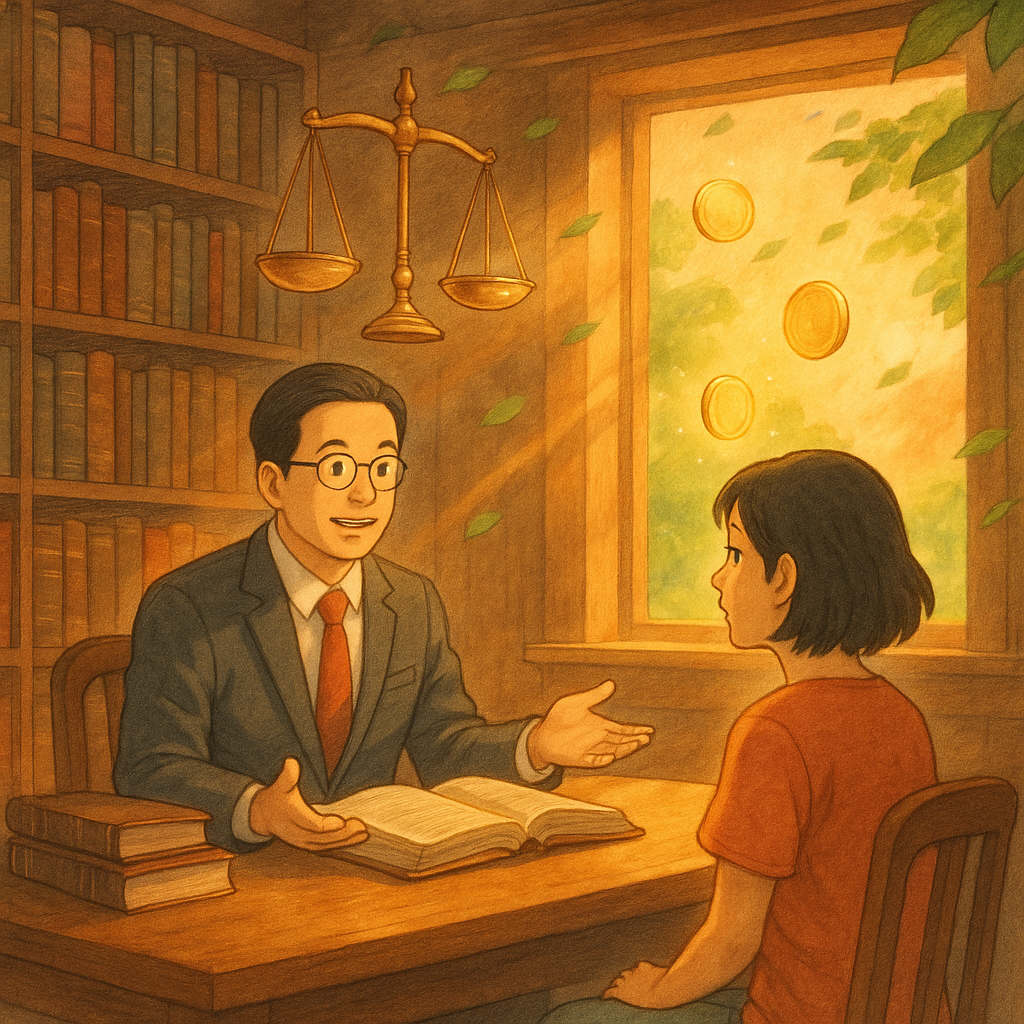 吉卜力風高精細暖色黃昏中，台灣律師與民眾在木質書屋諮詢；天光灑落，法秤與發光硬幣在空中漂浮，象徵不當得利返還。手繪質感、柔和色彩與微風拂葉，營造奇幻而專業的FAQ氛圍，無文字。
