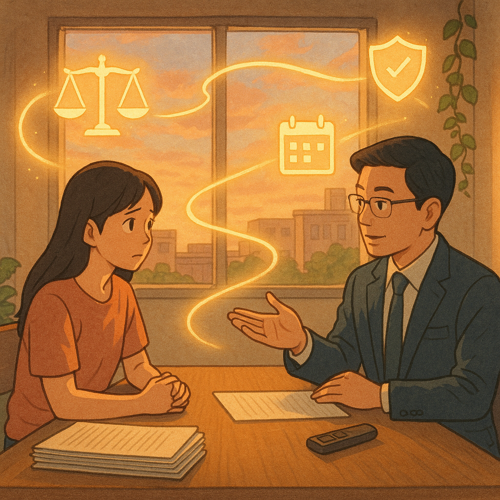 柔和夕光下的辦公室裡，一位台灣受害者與台灣律師對坐諮詢；桌上整齊文件與錄音筆。周圍漂浮發光的天秤、盾牌、日曆與放大鏡，化作引導流程的光路，象徵性騷擾案件的實務準備。吉卜力式手繪質感，溫暖無字。