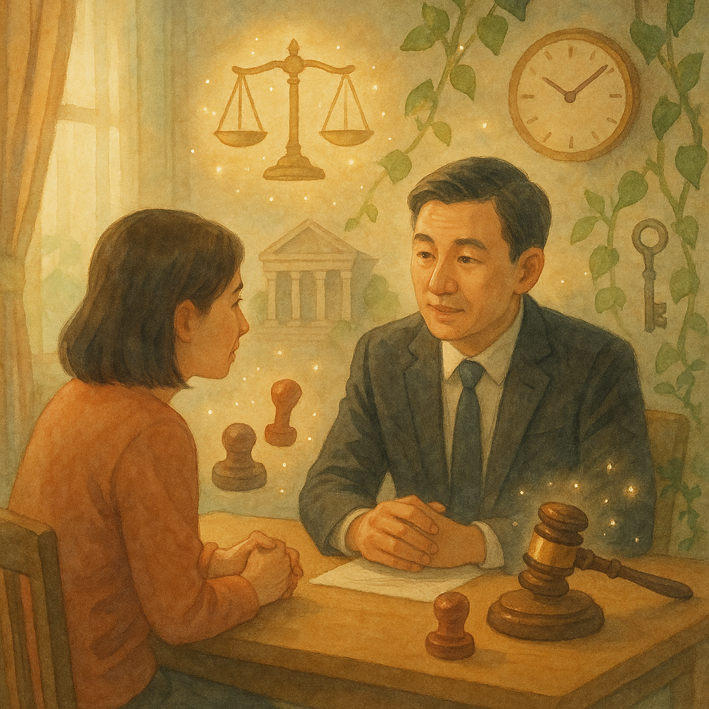 溫暖自然光與柔和色彩下的手繪、電影感的法律諮詢場景:台灣律師與民眾在木質桌邊交流,天平、法槌、印章與時鐘化作漂浮光粒;法院與保全鎖鏈幻化為藤蔓與鑰匙,象徵執行事件訴訟流程,畫面無文字。