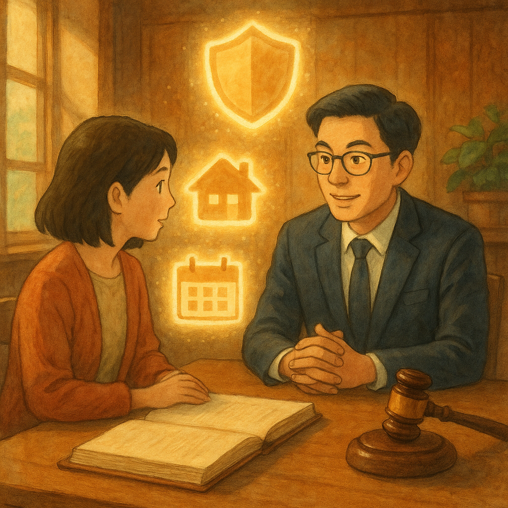 柔光木質諮詢室內，台灣律師與當事人圍桌交流；無字卷宗、法槌置於桌。空中漂浮發光盾牌、家屋與日曆圖示，化作保護光圈，吉卜力式手繪質感，溫暖奇幻。