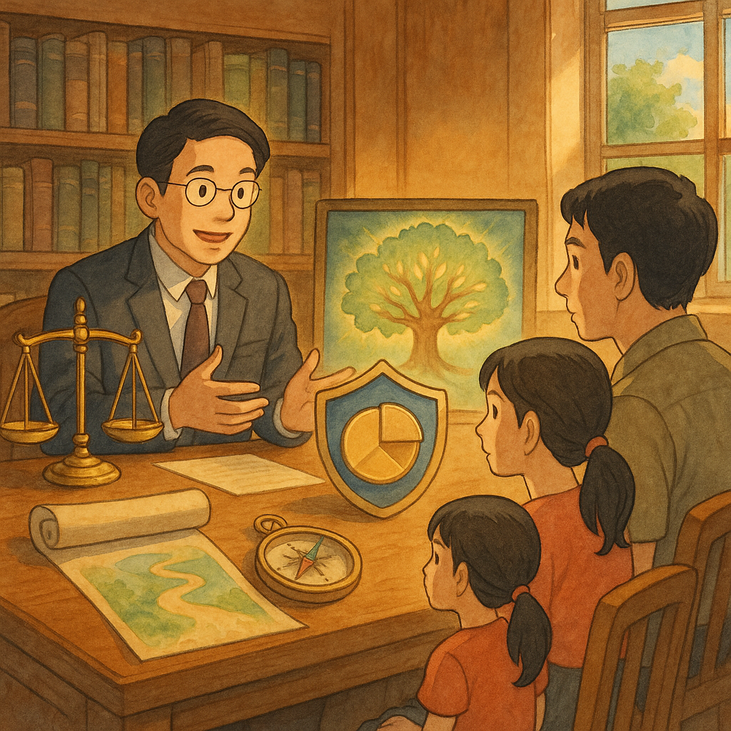 溫暖自然光下,台灣人形象的律師與家屬在木質書房諮詢;天秤、發光家族樹與被護盾守護的金色餅形切片象徵特留分;無字卷軸、指北針與蜿蜒小徑指引行動建議;柔和手繪質感、奇幻而寫實的吉卜力風景。