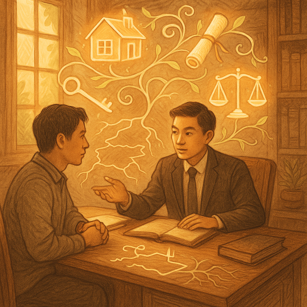 暖色自然光灑入木質事務所，台灣律師與當事人對坐諮詢，表情專注。桌上與空中漂浮發光的房屋、鑰匙、地契卷軸與天平等象徵所有權的符號，化為柔和藤蔓相連，勾勒土地邊界與根系；手繪質感、奇幻溫暖、無文字。