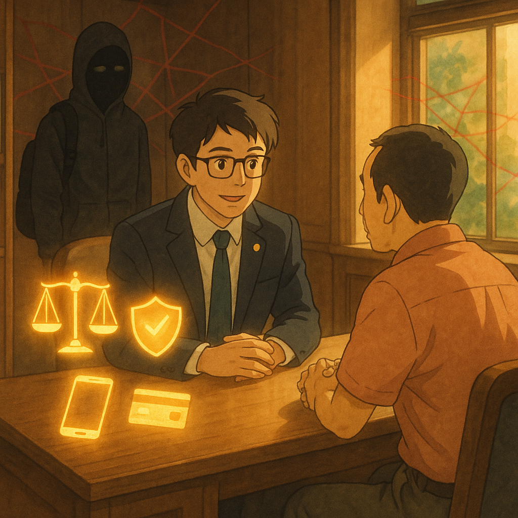 高解析度吉卜力風格:溫暖自然光下,台灣律師與民眾諮詢,桌面浮現天秤、盾牌、手機、銀行卡等發光圖標;角落有無臉陰影背包人與紅線網象徵詐騙車手,木質辦公室柔和手繪質感,魔幻而寫實,畫面無文字。