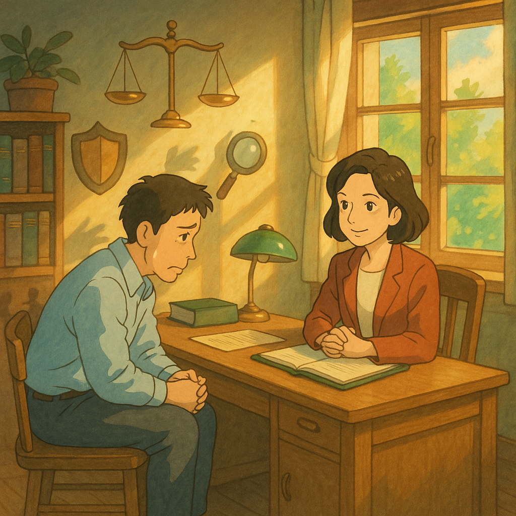 柔色自然光下，吉卜力式手繪場景：陽光灑落的木質辦公室裡，焦慮的台灣上班族向溫暖的台灣女律師諮詢；周圍漂浮天秤、盾牌與放大鏡等象徵，角落退去的指指點點陰影，溫暖而魔幻。