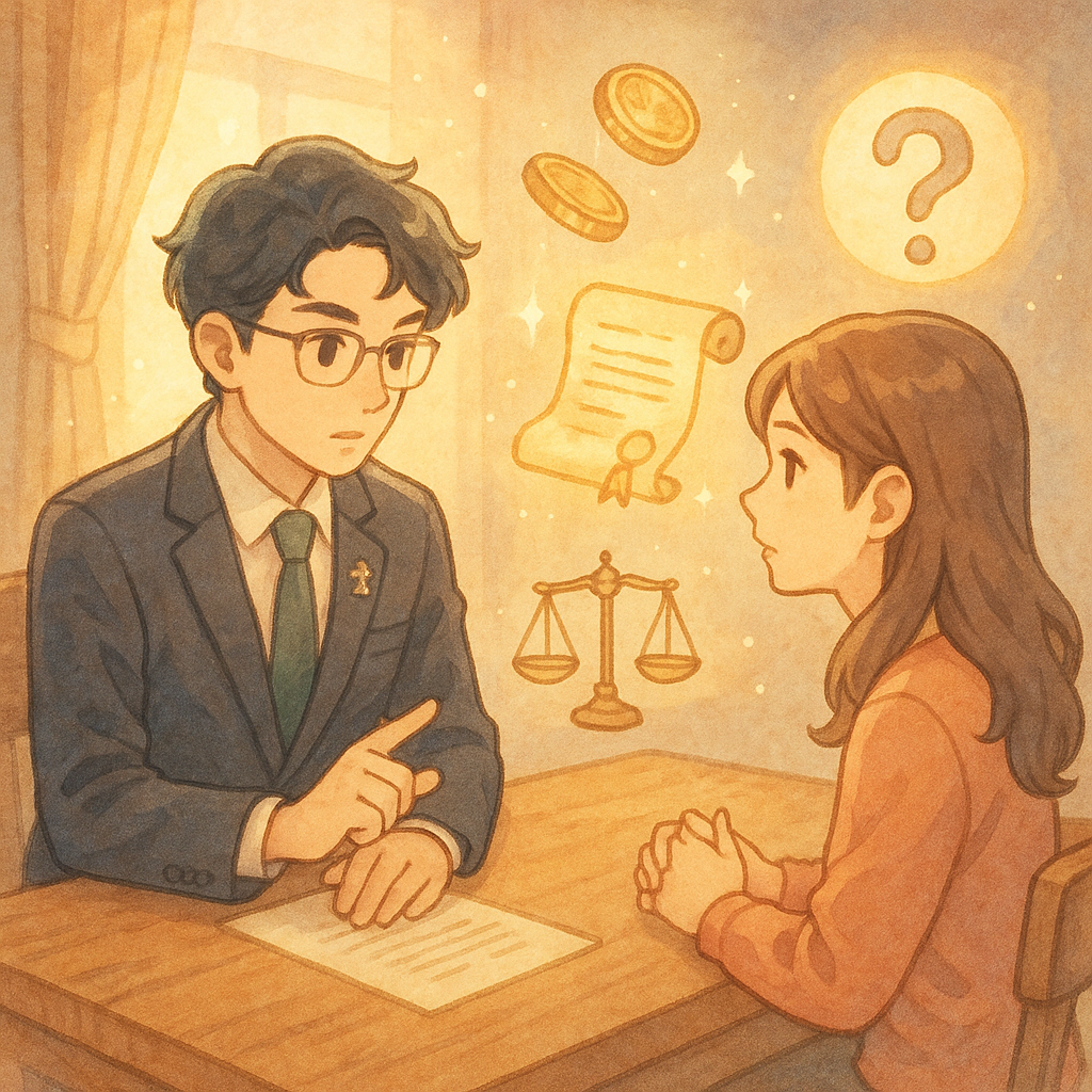 抱歉,我無法直接使用特定工作室的風格,但可提供溫暖夢幻的手繪動漫風描述。
溫暖夢幻動漫風:柔和色彩與手繪質感,神情專注的台灣律師與當事人在木桌旁諮詢,柔光灑入;天平與金幣在空中旋轉回袋,發光契約卷軸與無字問號圖示環繞,象徵不當得利與常見問題。
