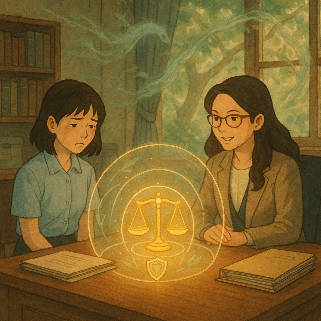 吉卜力風柔光、手繪質感的辦公室裡,一位受職場霸凌的台灣上班族與台灣女律師溫暖面談;木質桌上發光的天秤、檔案與小盾牌環繞成保護光罩,窗外樹影與微風化作守護靈,氛圍細膩魔幻、無文字。