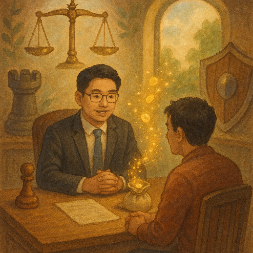 溫潤手繪奇幻場景中,台灣律師與當事人對坐諮詢,天光柔和。天秤、棋子與盾牌環繞,金幣化作光粒回流至袋,象徵不當得利返還與程序攻防、保全策略;畫面無文字。