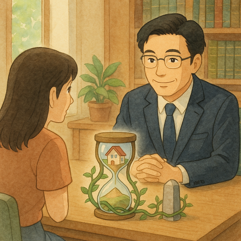 吉卜力式溫暖手繪、柔和色彩與自然光,台灣律師與民眾表情溫暖專業,在木質事務所對談;沙漏化作房屋與地界石,時光藤蔓纏繞,象徵時效取得;畫面無文字。