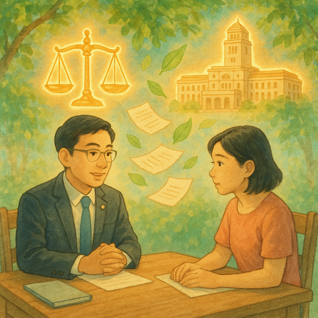 吉卜力風格高解析插畫,柔和色彩手繪質感:溫暖自然光中,台灣人律師與民眾在木桌前諮詢,天平與政府大樓化為發光圖像在空中環繞,樹葉與紙張交織象徵國賠結論的保障與修復,無文字。