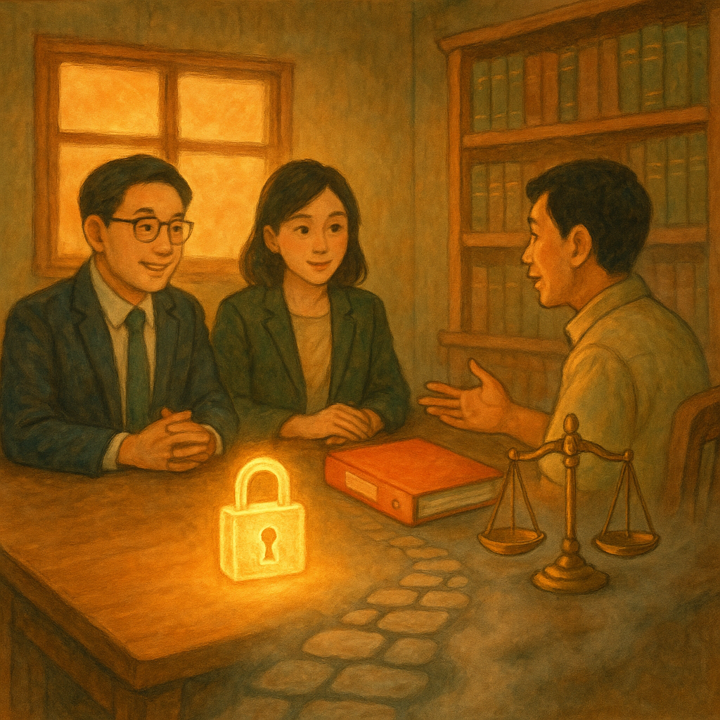 吉卜力風的暖色事務所裡，兩位台灣法律顧問與台灣客戶對談；桌上浮現發光鎖頭、檔案夾與天秤，灰霧化為井然石徑，象徵妨害秘密風險程序化控管，柔光與手繪質感營造魔幻沉浸感。