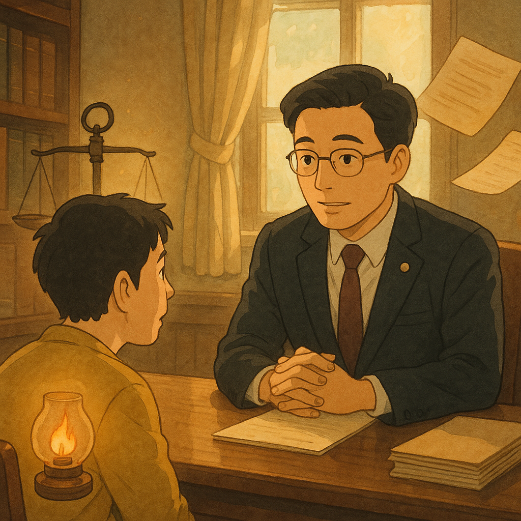 高解析吉卜力風電影感溫暖場景：台灣人表情細膩的律師與當事人在木質事務所對談，柔和色調與自然光灑落。手繪質感下，天平與卷宗化作漂浮光影，燈籠中被馴服的火焰象徵縱火罪案例；無任何文字。