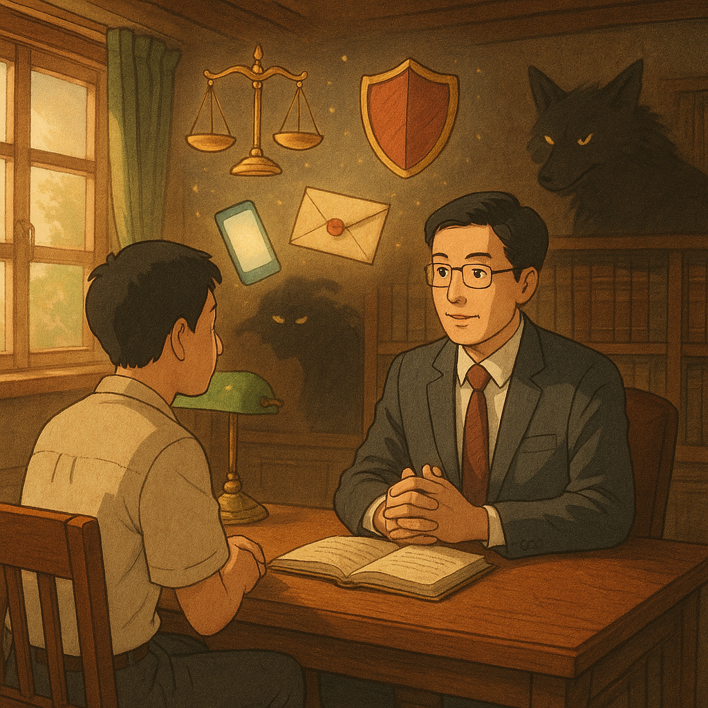 溫暖木質事務所裡，台灣律師與民眾對坐諮詢；自然柔光灑落，吉卜力式高解析手繪電影感。空中漂浮天秤、盾牌、信封與發光手機，旁有溫馴陰影獸象徵恐嚇。奇幻又安心、細節豐富、無文字。