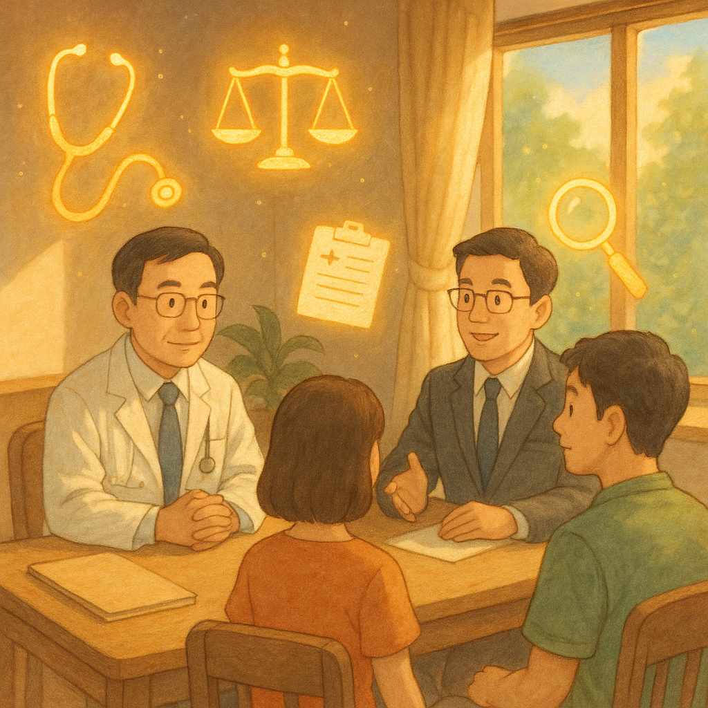 陽光灑落的溫暖會談室,台灣醫師與律師正溫和諮詢一對台灣當事人;空中漂浮天平、聽診器、病歷與放大鏡等發光圖像,吉卜力式柔和色調與手繪質感,兼具真實與奇幻,無文字。