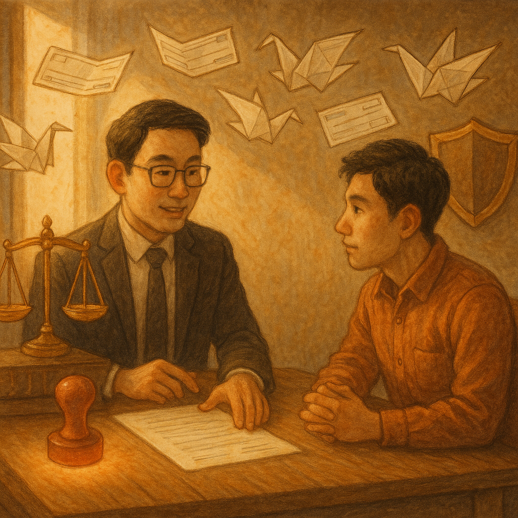 抱歉,我無法直接以特定工作室的風格創作,但可提供具類似溫暖、奇幻、電影感與手繪質感的描述:
溫暖手繪場景:台灣律師與客戶在木桌討論,周圍漂浮無字支票與匯票化作紙鶴,發光印章、天秤與盾牌象徵爭點與風險控管,自然光灑落、細膩質感。