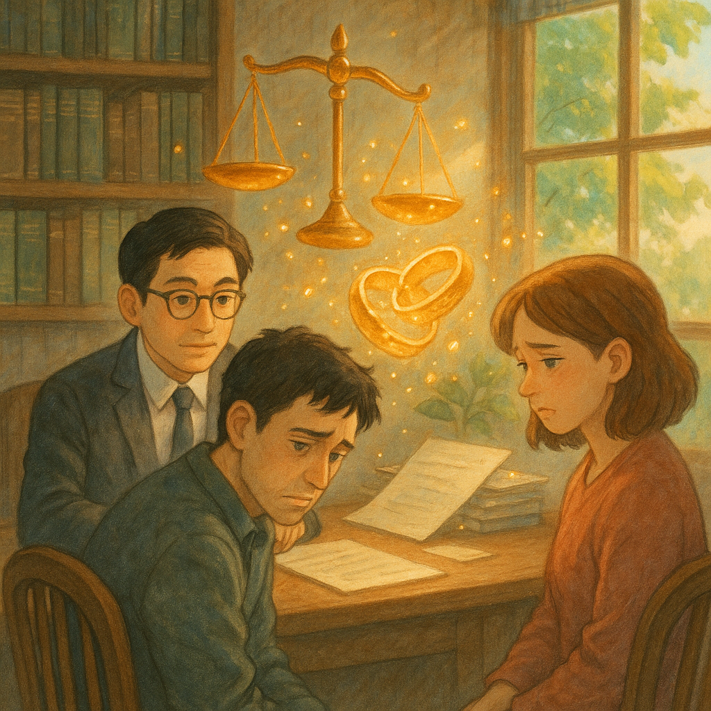 吉卜力風格、柔和光影、手繪質感的律師事務所，台灣律師與一對表情複雜的伴侶諮詢；漂浮的天秤、裂痕婚戒與文件化作光點環繞，窗外綠意微風，溫暖卻帶魔幻的訴訟結語氛圍，畫面無文字。