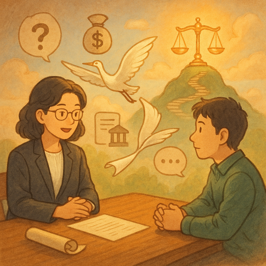 溫暖柔光下,台灣律師與當事人於木桌諮詢,紙卷化作白鶴飛向山丘法院,發光天秤與階梯小島象徵上訴路徑;周圍漂浮無字圖標暗示常見問題,吉卜力般手繪質感。