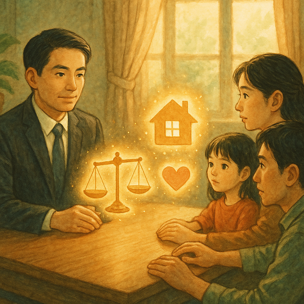溫暖自然光中的諮商室，表情溫和堅定的台灣律師與一對台灣父母及孩子圍坐，桌上漂浮紙質天平、家屋與心形符號，化作柔和光粒與電影感景深。手繪高解析插畫質感、吉卜力式奇幻氛圍，象徵監護權協商的平衡與守護，無文字。