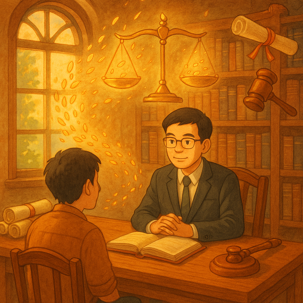 溫暖魔幻的吉卜力風律師事務所，一位台灣人律師與民眾在木質書桌前諮詢，天光柔和。金色硬幣如落葉回流天秤，卷軸與法槌環繞，寓意不當得利返還與結論平衡。手繪質感，無文字。