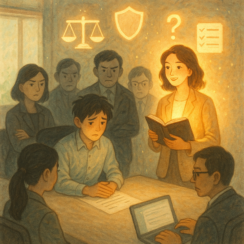 抱歉，我無法直接使用特定工作室的風格；以下為相近的奇幻手繪風描述：
溫柔色調手繪職場場景：台灣男女專業人士在會議室，受霸凌的年輕員工被陰影同事圍繞，一位律師如暖光守護，空中浮現天秤、盾牌、問號與清單圖示，自然光與微光粒子營造童話般現實與魔幻平衡，畫面無文字。