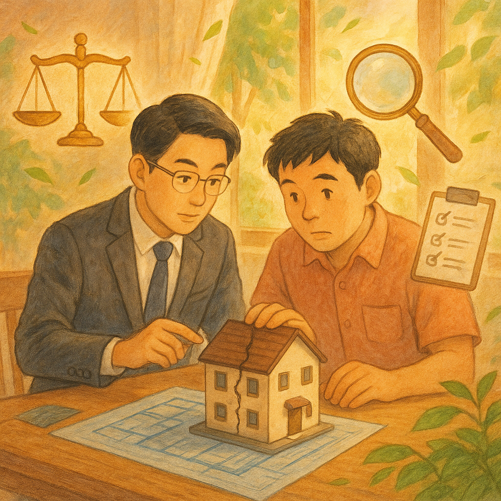 吉卜力風高解析暖色場景:台灣律師與屋主在自然光下檢視微裂的屋模。手繪質感的天平、放大鏡、檢查清單與藍圖如精靈環繞,象徵法律諮詢與房屋瑕疵結論;細膩光暈、柔和植栽與微風流動,畫面無文字。