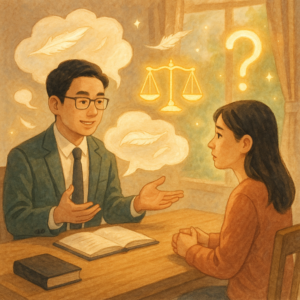 溫暖手繪場景:台灣律師與當事人對坐木桌,自然柔光灑落。漂浮的對話雲化作羽毛,象徵妨害名譽的言語被修復;發光天秤、問號光點與放大鏡環繞,營造奇幻而專業的法律諮詢氛圍。畫面無文字。