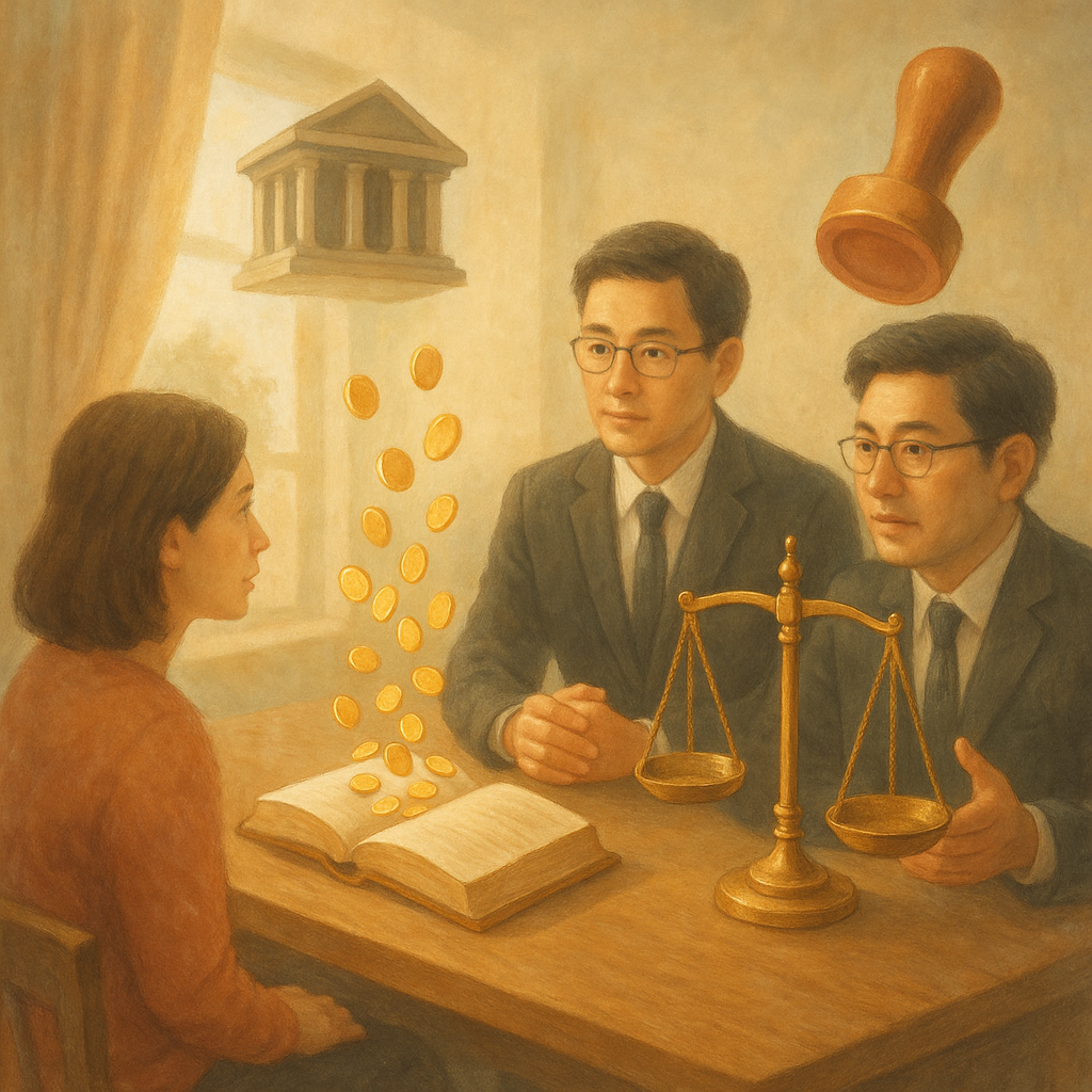 柔光手繪風的法律諮詢場景：兩位台灣律師與當事人對坐，木桌上判例卷宗化作流動金幣與天平，微型法院與無字印章在空中漂浮，象徵不當得利與案例爭議；自然光灑入，溫暖奇幻、細節豐富，畫面無文字。