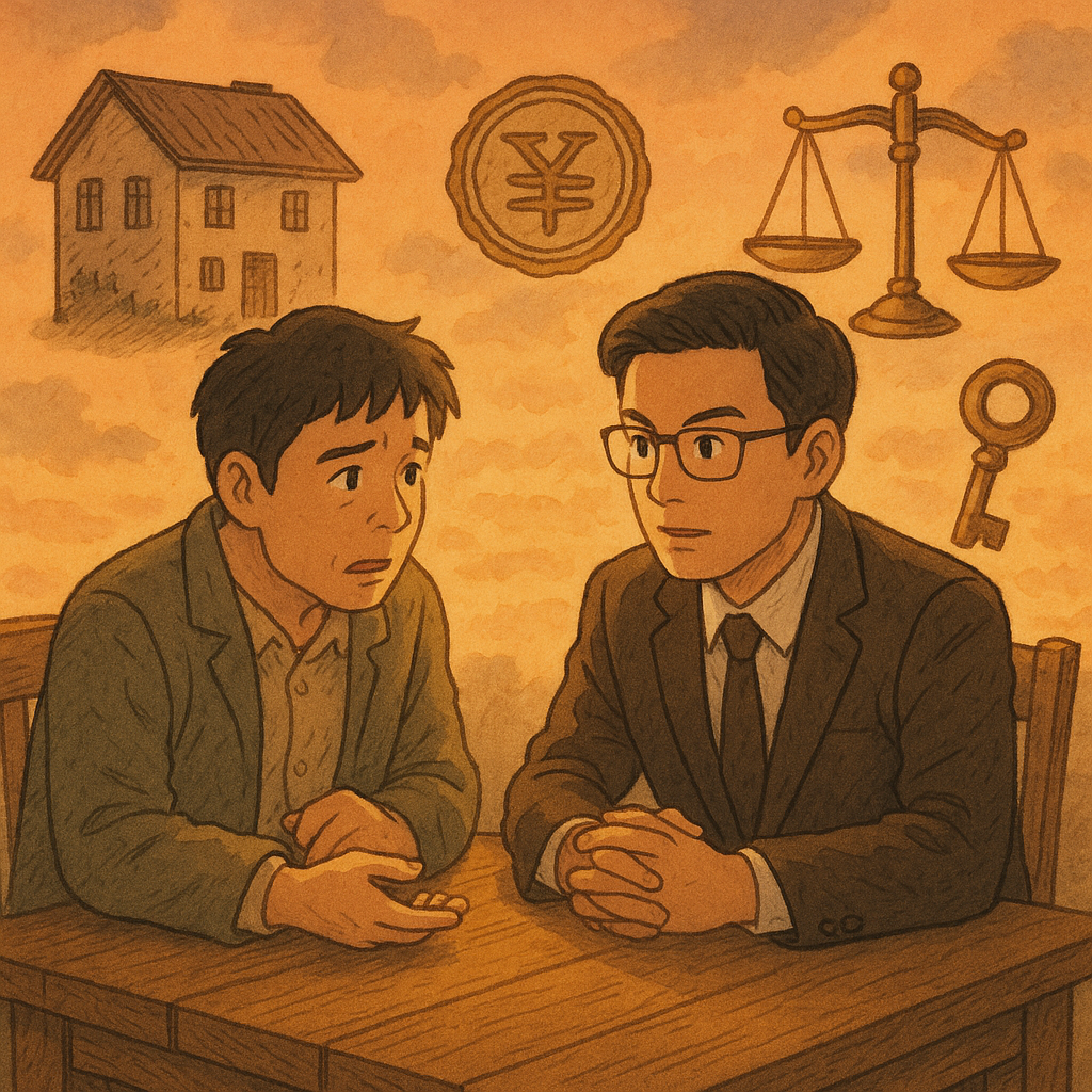 暖色黃昏下，台灣人律師與當事人於木桌對談，表情細膩；周圍漂浮手繪房屋、雙重影子的戶權印記、天秤與鑰匙，象徵借名登記爭議；柔和自然光、奇幻細節與吉卜力風筆觸，無文字。