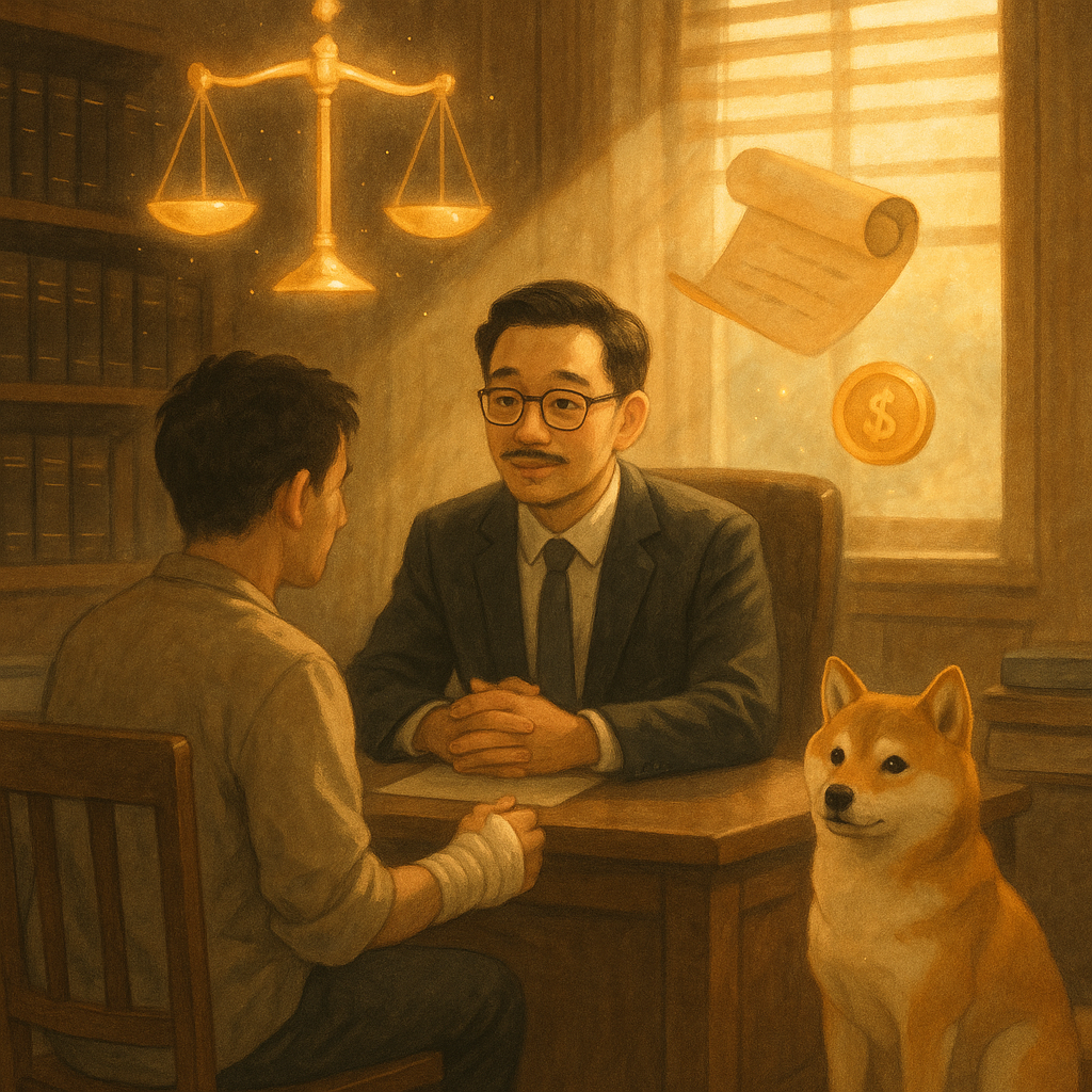 暖陽灑入木質事務所,台灣律師溫和聆聽,民眾手纏繃帶;一隻乖巧柴犬在旁,空中漂浮發光的天秤、卷軸與金幣,柔和手繪質感,具電影感,奇幻卻寫實,無字。