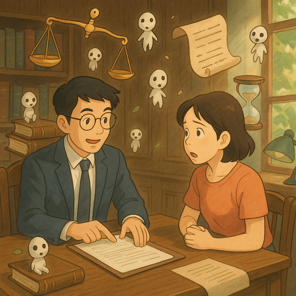 吉卜力風高解析插畫:柔和色調與自然光下,台灣律師與民眾於木質辦公室進行訴願諮詢,表情生動;周圍漂浮手繪天平、卷宗、沙漏與小樹精靈,營造電影感與常見問題的指引氛圍,質感細膩、無文字。