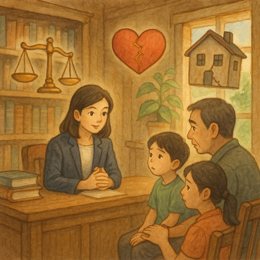 高解析度吉卜力式溫暖奇幻插畫：台灣律師在柔和色彩與自然光的木質事務所，安撫一對台灣父母與孩子；手繪質感細膩，周圍漂浮天秤、縫合的破碎愛心與被金線連接的半裂房屋，寓意家庭破裂諮詢，不含文字。