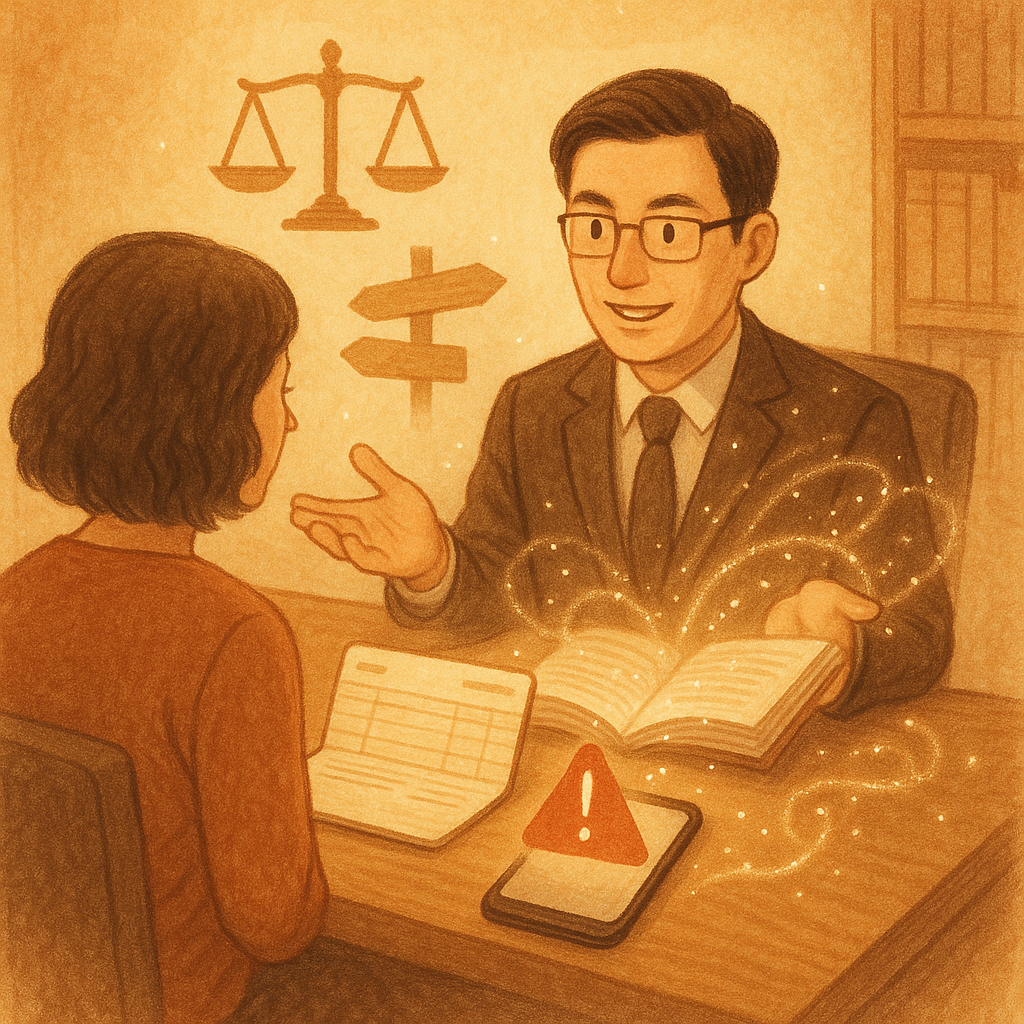 溫暖柔光的手繪場景中,台灣律師與當事人對坐諮詢,桌上銀行存摺與手機投影出紅色警示符號、天秤與分岔路標;卷宗化作光粒環繞,奇幻又寫實,無字。