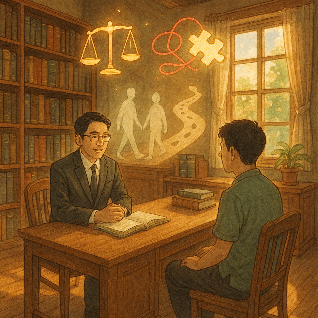 溫暖自然光下，台灣人律師與民眾在木質書房諮詢；天花緩緩飄落發光符號：天秤、相扣拼圖與交織紅線，兩道半透明身影並行足跡與分岔路徑通向桌面；高解析度手繪質感、吉卜力式奇幻細節，無文字。