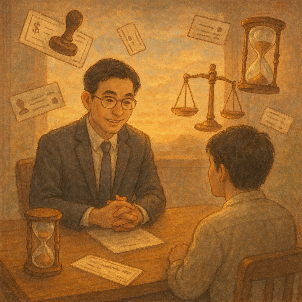 暮色暖光中,台灣律師與客戶在木桌前溫和對談,周圍漂浮支票、匯票與背書印章、天平與沙漏等象徵,高解析手繪質感、柔和色調與自然光營造吉卜力式奇幻結語感,畫面無文字。