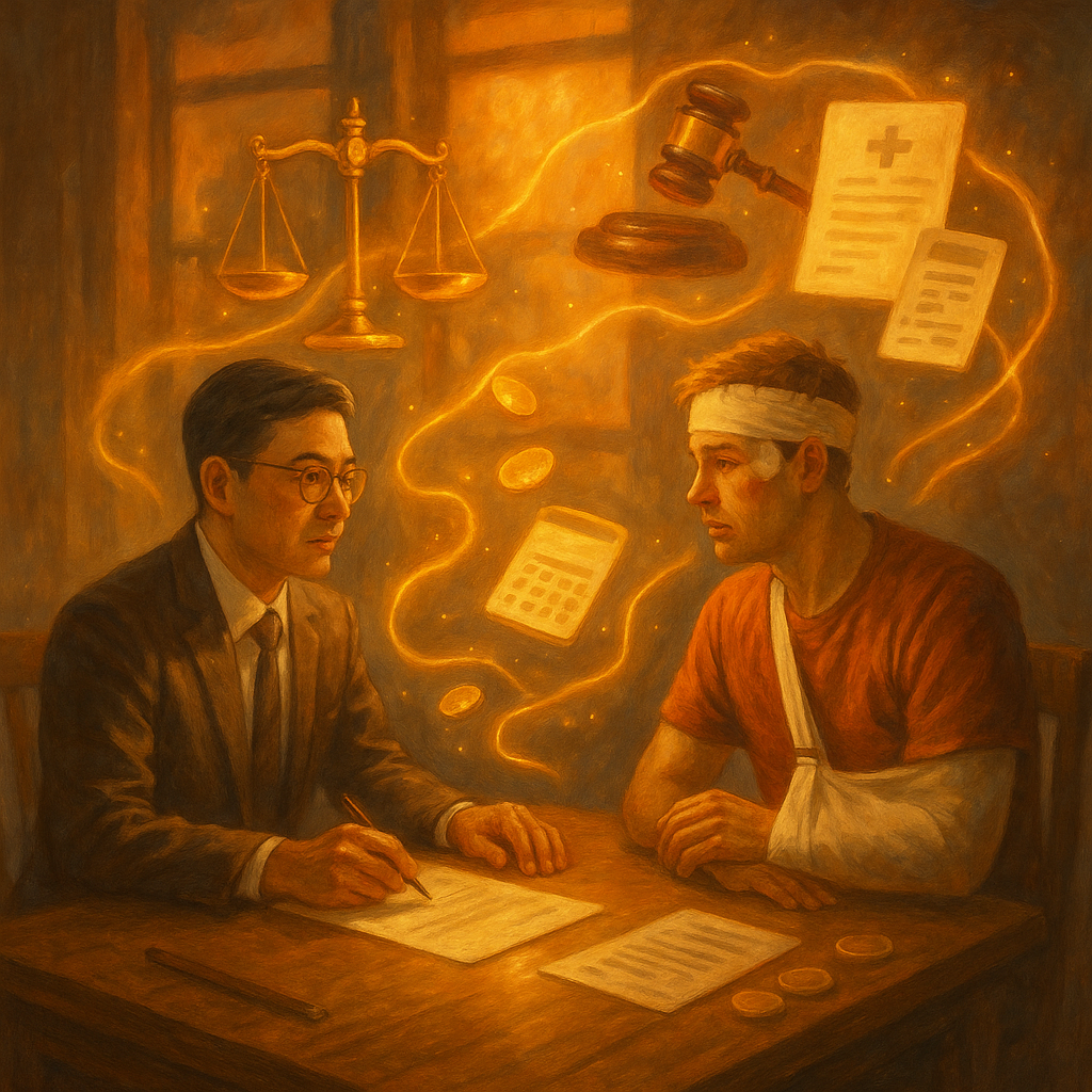 溫潤手繪、高解析度、電影感場景:台灣律師與受傷民眾在木桌諮詢,夕光灑落。周圍漂浮發光的天秤、法槌、保單、醫療單據、計算機與金幣,化作精靈串起求償流程與金額計算的魔幻路徑,無文字。