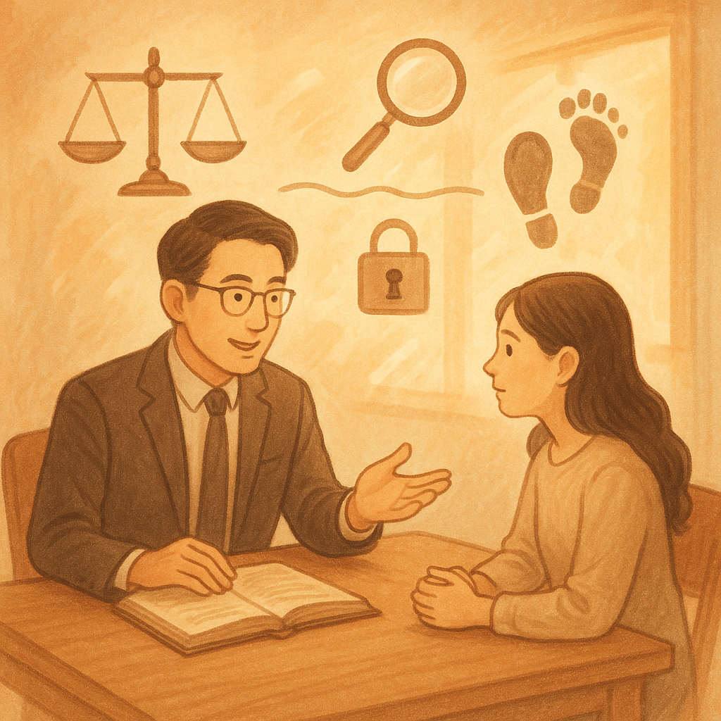 台灣律師與當事人在木質會議桌前諮詢，柔光灑入；手繪的天秤、放大鏡、鎖、足跡與分界線符號在空中漂浮，象徵案例拆解與竊盜風險控管；柔和色調、溫暖奇幻、無文字。