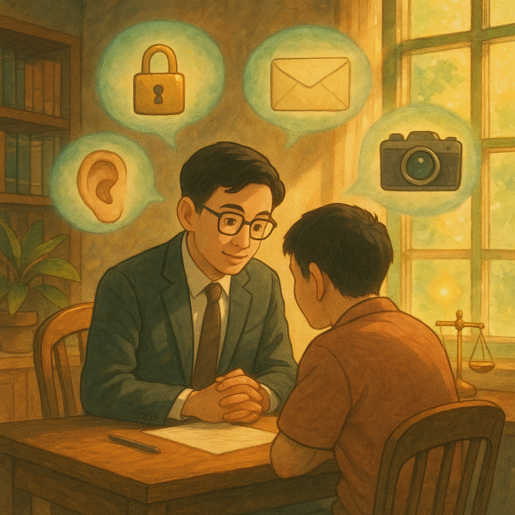 吉卜力風格的溫暖事務所裡，台灣律師與民眾低聲諮詢，柔光灑落；空中漂浮鎖頭、信封、耳朵與相機等象徵，被蓮葉形光暈守護，桌旁小天秤微光閃爍，手繪質感、自然光、高解析度、無文字。