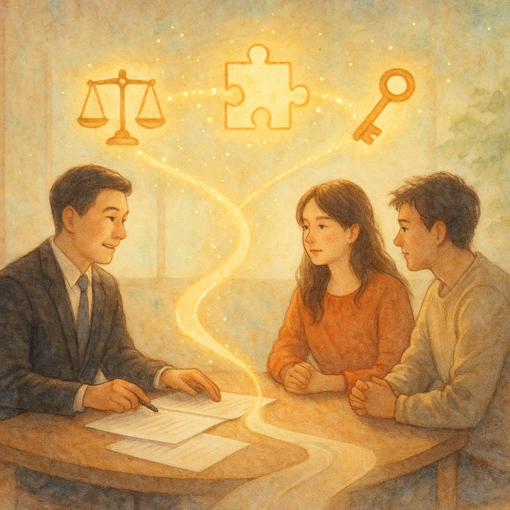 溫暖細膩手繪、夢幻感場景中，台灣律師與民眾圍桌諮詢；天光灑落，漂浮光點連結天秤、拼圖與鎖鑰，象徵共同正犯的合意與共同行為；文件與路徑匯聚成光帶，點出重點整理與實務建議；畫面無文字。