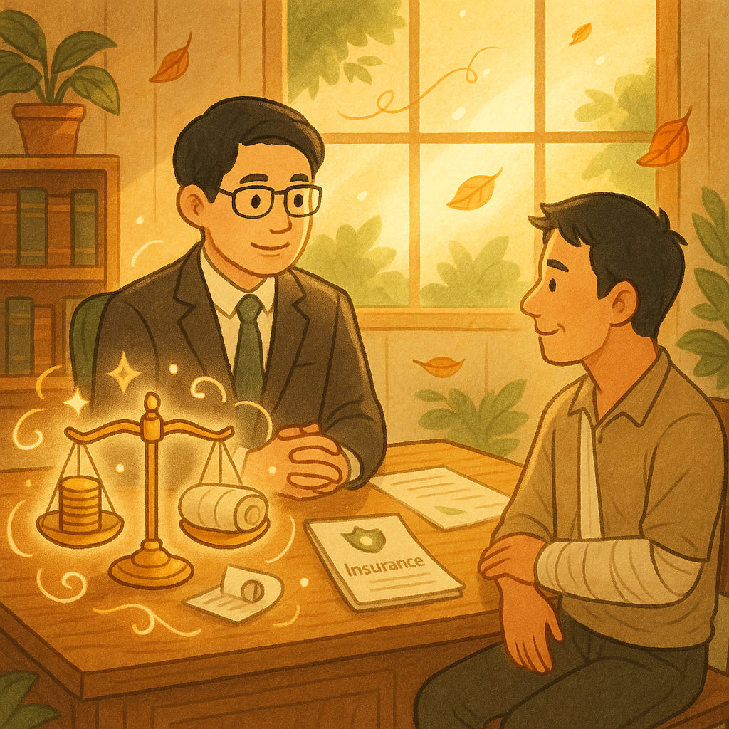 暖陽灑落的律師事務所裡，一位台灣律師與手臂貼繃帶的受傷民眾溫和對談，桌上天平盤上金幣、繃帶與保險文件化作柔光符號環繞，木紋與綠植手繪質感，微風捲起落葉，氛圍溫暖童話感，無文字。